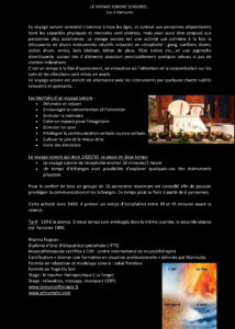 Le voyage sonore sensoriel fait appel à la fois à différentes tonalités musicales et aux perceptions corporelles avec l'aide d'instruments plus vibrants comme les bols tibétains, gong et autres instruments. A l'exception du psaltérion, tous les instruments sont intuitifs ce qui facilite les manipulations lorsque c'est possible. Il s'adresse à tous les publics, enfants dans les écoles, centres aérés et est particulièrement adaptées aux personnes en grande dépendance ( EPAHD et MAS)